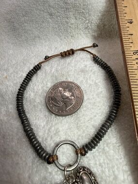 Handmade Gray Beaded Charm Bracelet with heart & Love Pendants. Adjustable knot